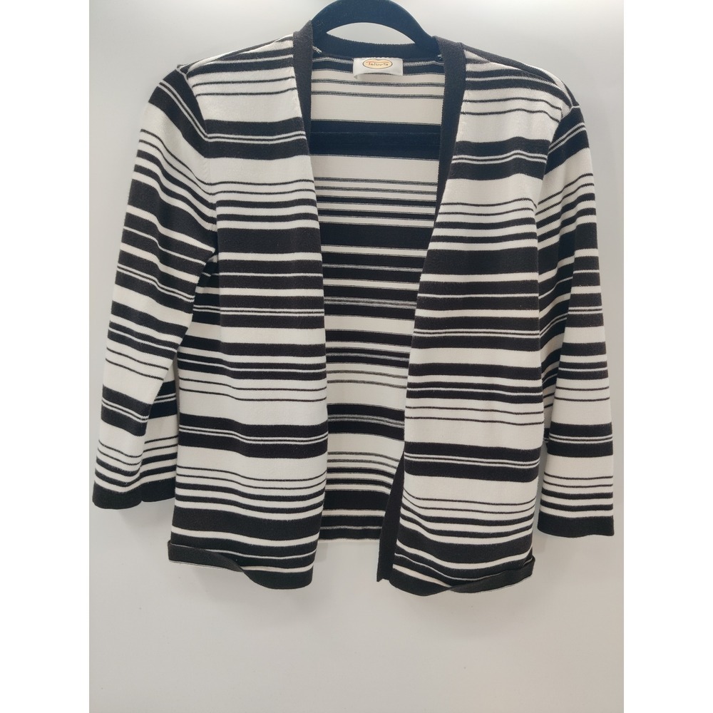 Talbots Womens Black White Striped Open Front Cardigan Knit 3/4 Sleeve Sweater S